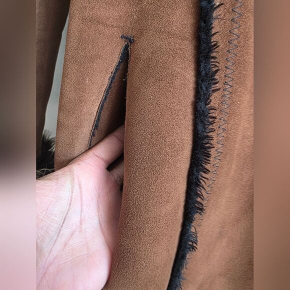 Vtg Brown Faux Suede Fur Hooded Full Length Long Afghan Penny Lane Coat Sz M - Picture 6 of 16